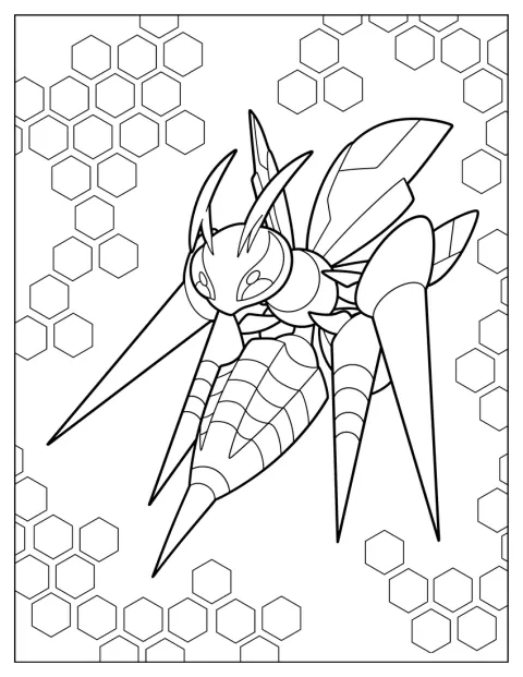 Mega Beedrill posa delante de un fondo cubierto de panales.