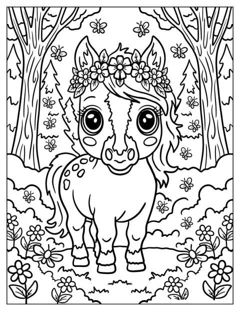 Un cheval tacheté portant une couronne de fleurs se tient dans une forêt fantastique.