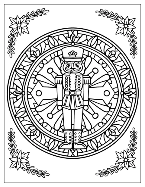 Egy Diótörő-figura áll egy díszes, hópehely alakú mandala közepén.