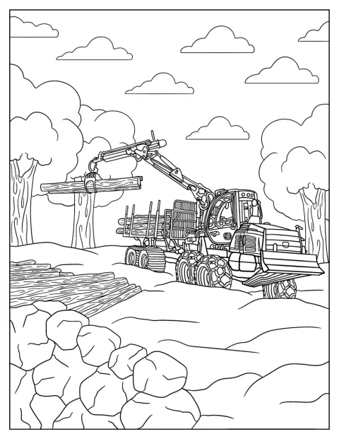 Vyvážecí traktor John Deere zvedá kládu v lese.
