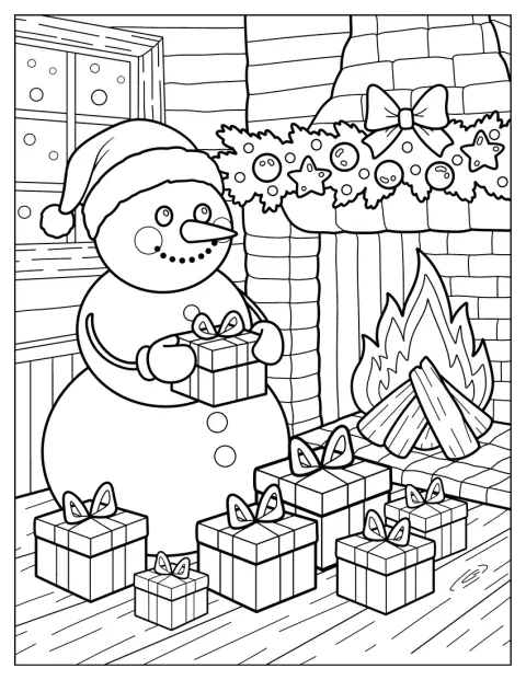 En snögubbe står vid en brasa bredvid julklappar.