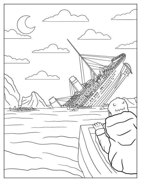 Přeživší sledují z člunů Titanic, který se potápí v moři.