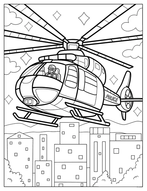 Ein Polizeihubschrauber fliegt über den Gebäuden einer Stadt.