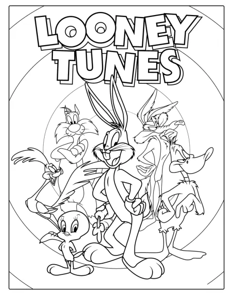 Looney Tunes-personages zijn samen afgebeeld in een speelse scène.