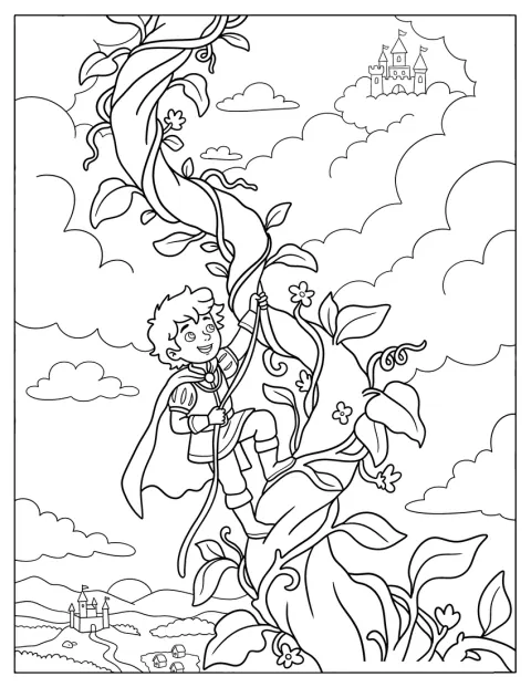 Un prince aventurier grimpe le long d’un haricot géant jusqu’à un château dans les nuages.