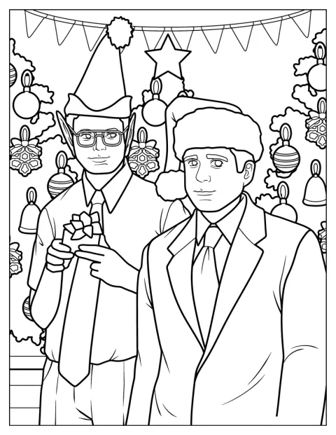 Michael och Dwight firar jul på kontoret med tomteluvor.