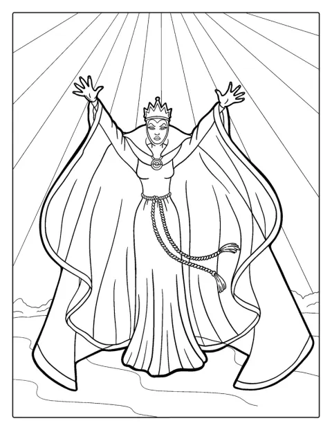 Zła Królowa stoi w królewskim stroju.