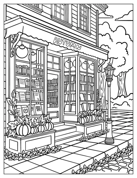 かぼちゃや木々に囲まれた、秋の雰囲気漂う本屋が描かれています。