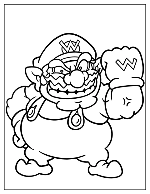 Wario zeigt mit finsterem Blick seine geballte Faust.