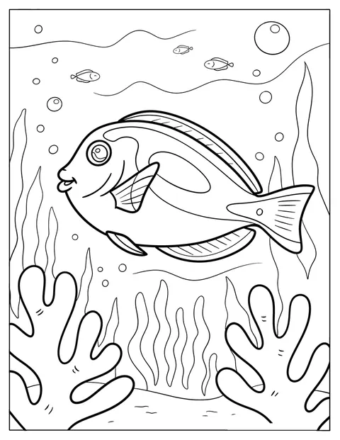 Un pez grande está rodeado de plantas marinas y peces pequeños.