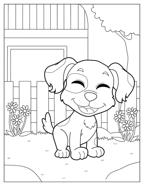 Ein Cartoon-Hund sitzt niedlich im Hinterhof.