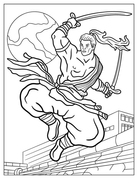 Un samurai sare în aer, mânuind câte o sabie în fiecare mână.