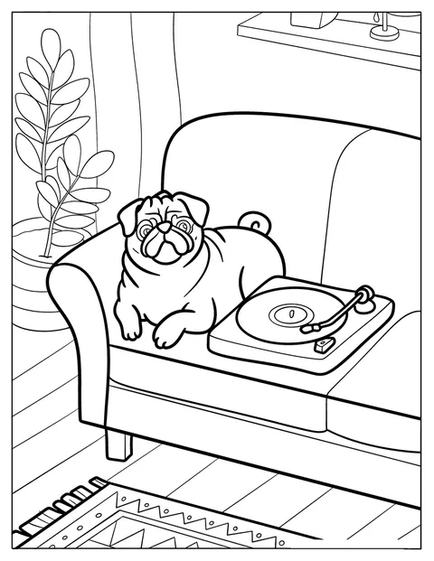 En mops slapper av hjemme ved siden av en platespiller.