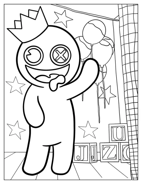 Un adorable personaje azul de Rainbow Friends saluda con la mano.