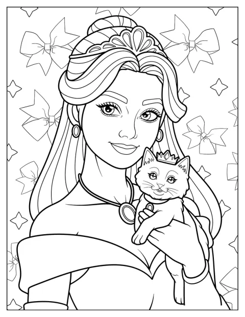 Une princesse portant un diadème étincelant tient un chaton dans ses bras.
