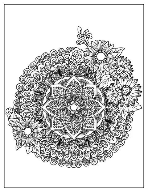 Des fleurs aux motifs complexes s’organisent en mandala.