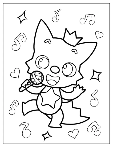 Pinkfong mikrofonba énekel, vidám arccal.