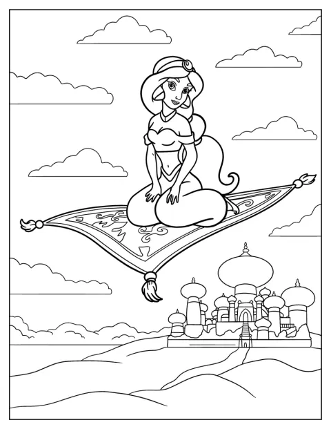 Jasmine vola sul tappeto magico sopra la città.