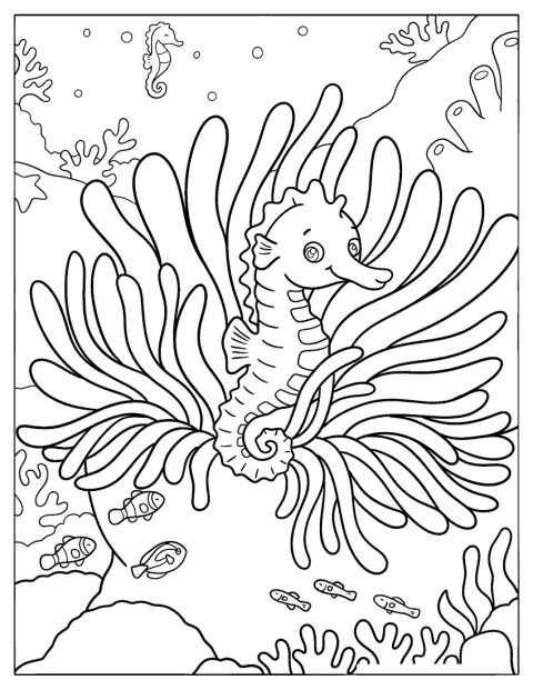 Un piccolo cavalluccio marino riposa tra le alghe del mare.