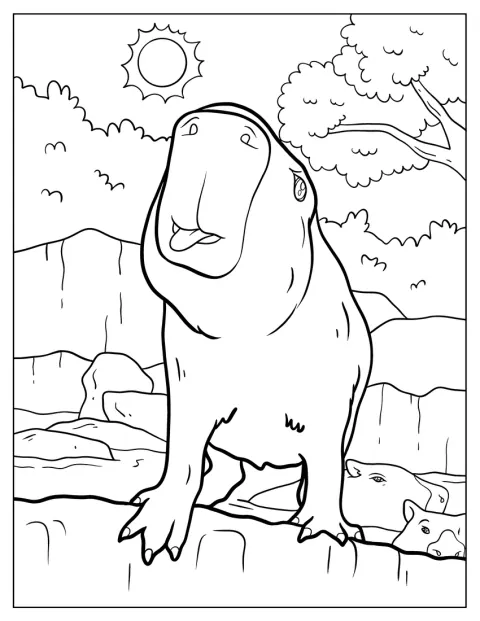Capybara istuu ja työntää kielensä ulos.