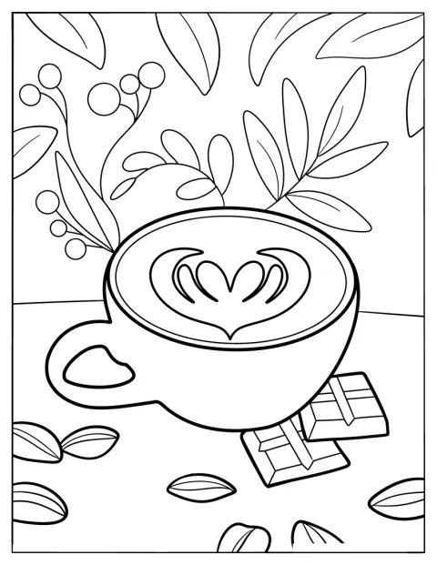 Una taza de café humeante está decorada con trozos de chocolate.