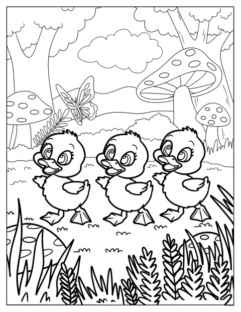 Trois petits canetons se promènent dans la forêt.