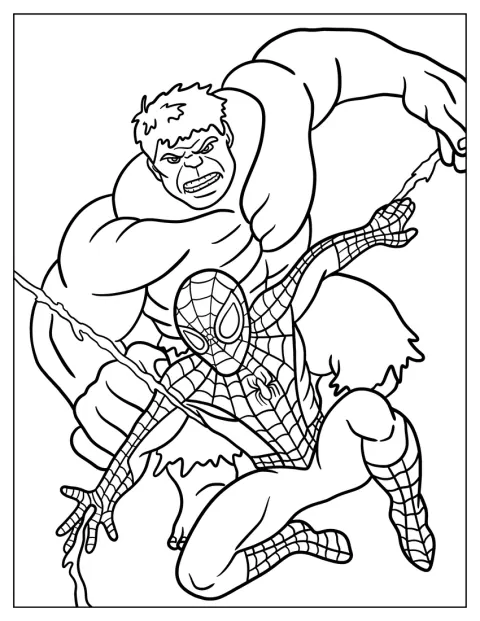 Hulk se tyčí za Spider-Manem, který stojí v popředí.