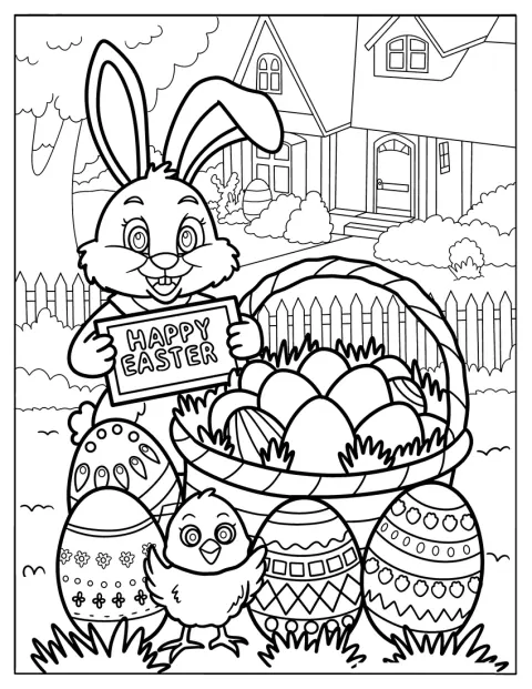 Een konijn staat naast grote paaseieren en houdt een bordje met 'Happy Easter' vast.