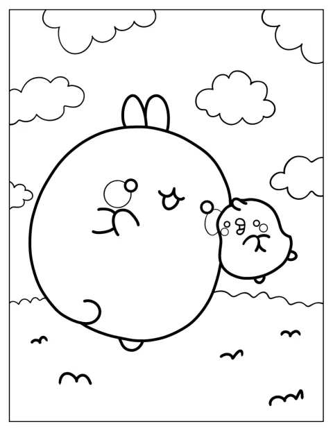 Molang și Piu Piu plutesc împreună printre nori.