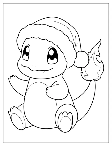 Suloinen Charmander seisoo joulupukin hattu päässään.
