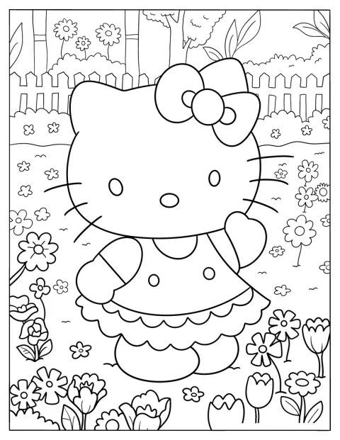 Hello Kitty se promène dans un jardin rempli de fleurs printanières.