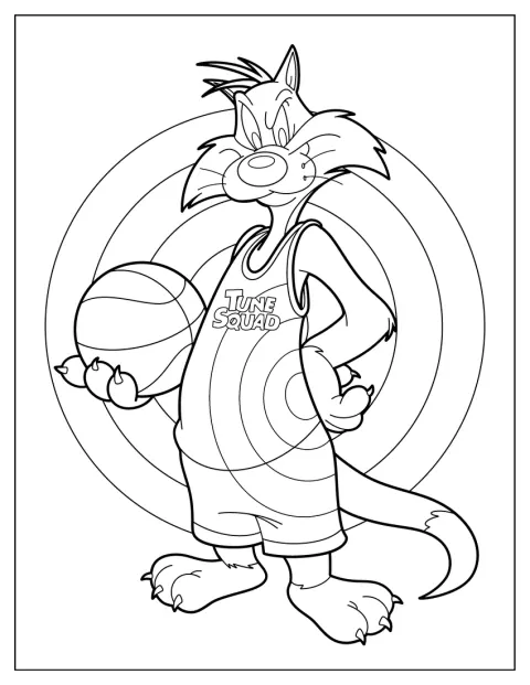 Sylvester houdt een basketbal vast en draagt een Tune Squad-shirt.