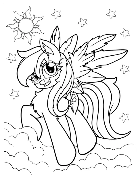 Rainbow Dash se pose majestueusement sur un nuage.