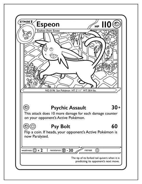 De Pokémon-kaart toont Espeon met de aanval Psychic Assault.