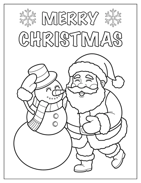 Smiling Santa With a Snowman Coloring Page Under Christmas Greeting
