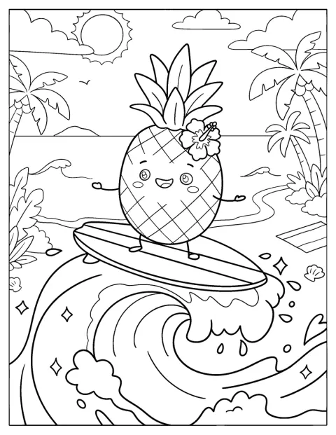 Un ananas cavalca una grande onda nell’oceano tropicale.