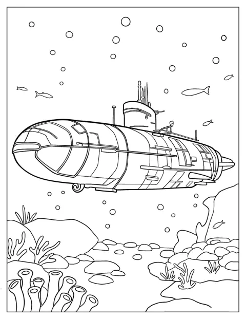 Zwischen Fischen erkundet ein realistisches U-Boot die dunkle Tiefsee.
