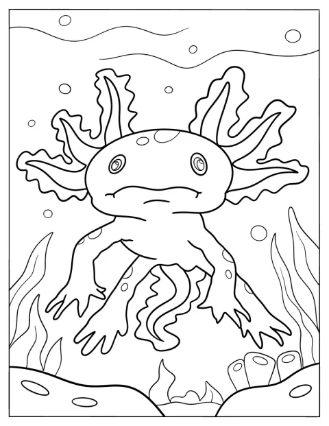 En axolotl svømmer omgivet af koraller.