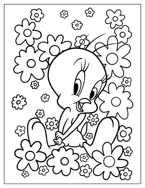 Tweety posiert niedlich neben mehreren Blumen.