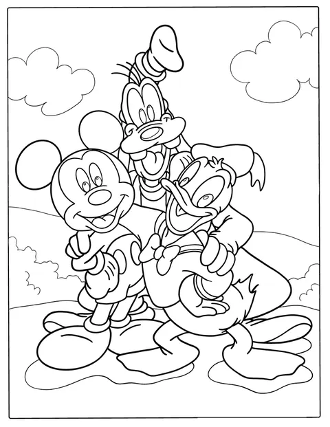 Mickey Mouse staat samen met Donald Duck en Goofy.