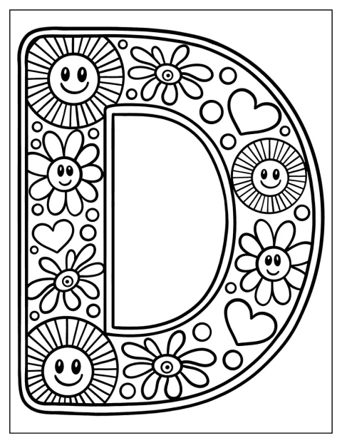 笑顔の花で飾られた、ヒッピー風の大文字Dが描かれています。