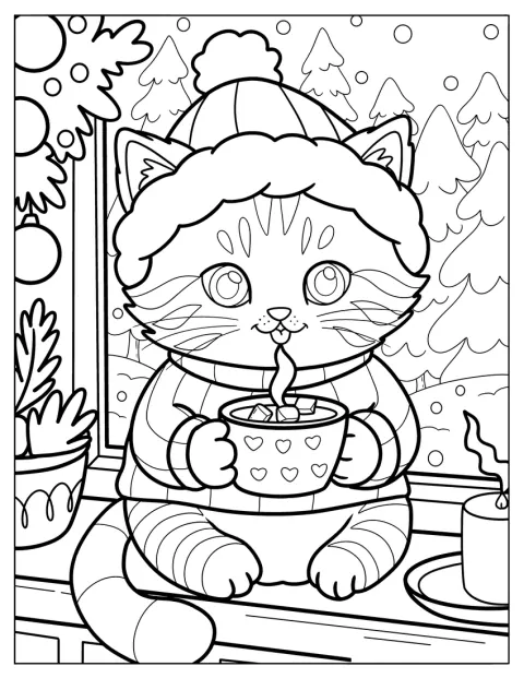 Un gatto in maglione sorseggia cioccolata calda accanto alla finestra.