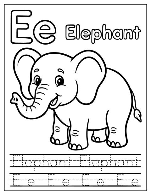 Neben einem Elefanten kannst du den Buchstaben E nachspuren.