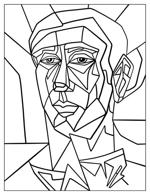 Un portret stilizat ocupă centrul unei compoziții abstracte.