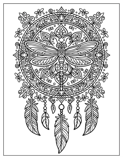Plumas y motivos ornamentales rodean la figura central de una libélula.