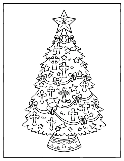 Christian Christmas Coloring Page of Tree with Crosses