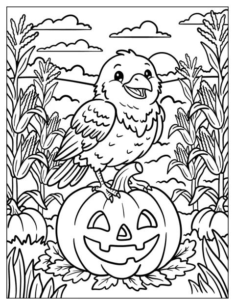 Een vogel zit op een Halloweenpompoen tussen de maïsstengels.