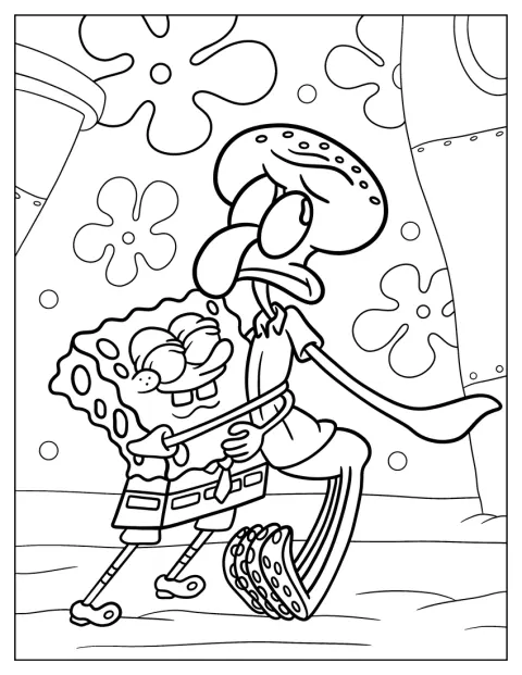 SpongeBob slaat zijn armen om Squidward heen voor een knuffel.