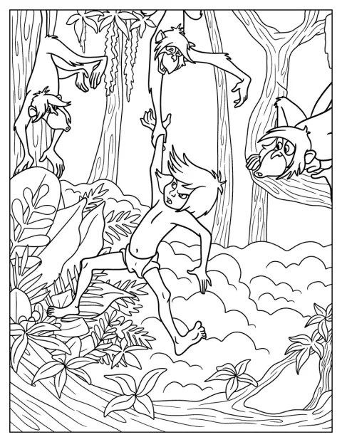 Un grupo de monos se burla de Mowgli en la jungla.