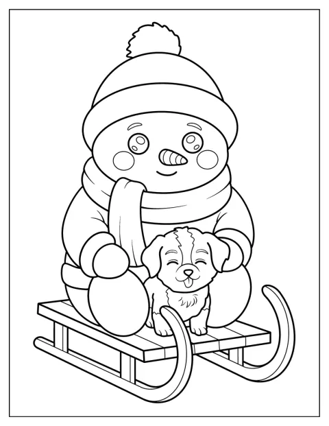 木製のそりに乗った雪だるまと犬が、仲良く寄り添っています。